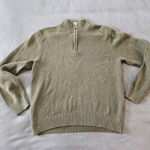 LLBean Mens Quarter Zip Sweater M REG Green Cotton Pullover Casual